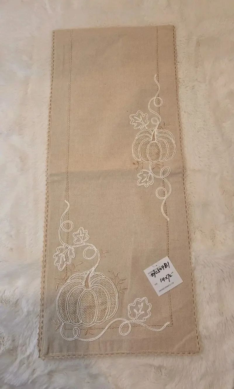 Rare Evermaple Manufacturers Sample Neutral Embroidered Pumpkin Table Runner...